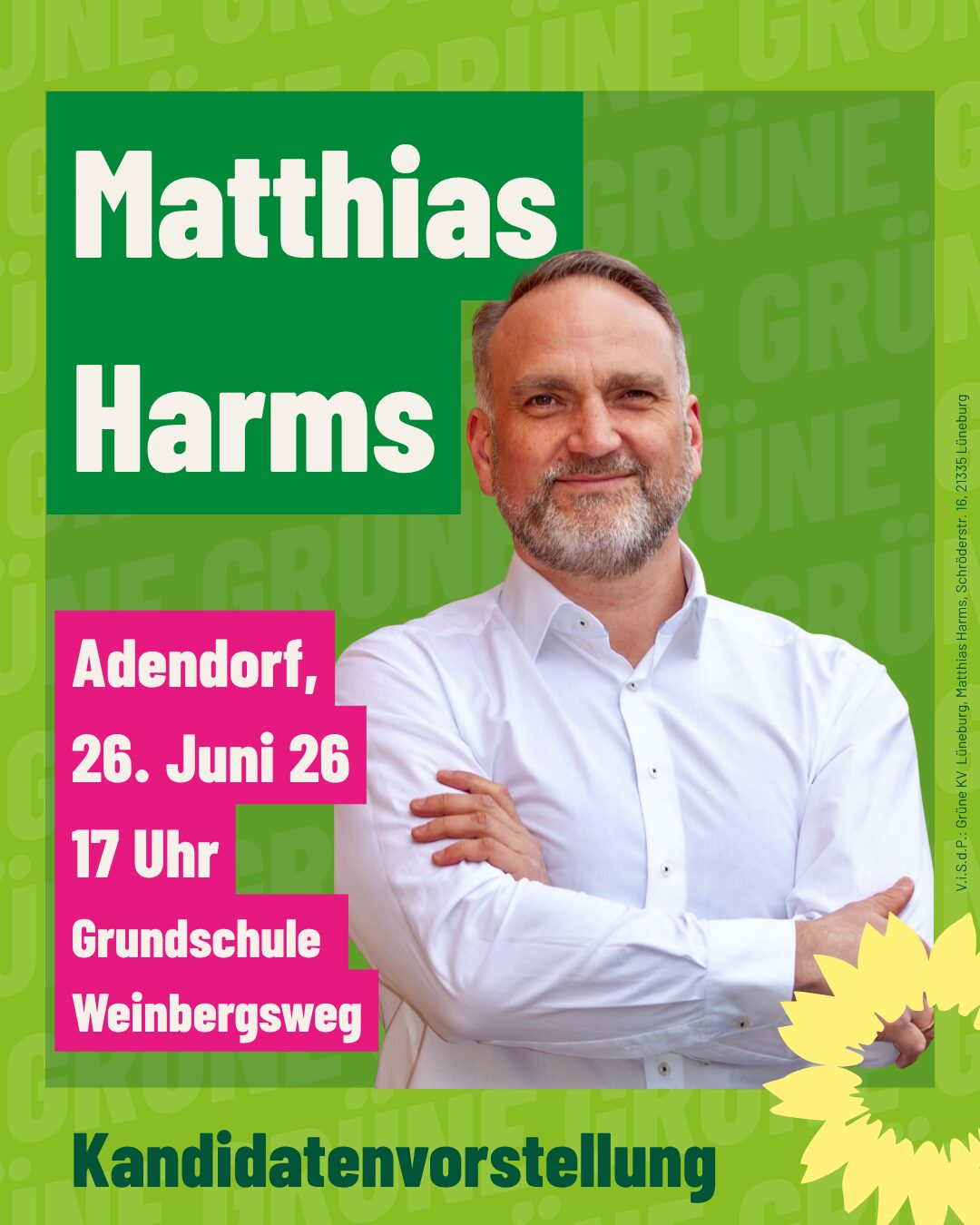 Matthias Harms kandidiert als Bürgermeister für Adendorf. Hier finden Sie Informationen zu Zielen, Terminen und politischen Schwerpunkten für die Kommunalwahl 2026. Bürgermeister Kandidat Matthias Harms möchte 2026 als Bürgermeister ins Rathaus Adendorf einziehen. Matthias Harms ist Bürgermeisterkandidat für Adendorf bei der Kommunalwahl 2026. 49 Jahre, verheiratet, Vater und seit 15 Jahren in Adendorf. Jetzt informieren!