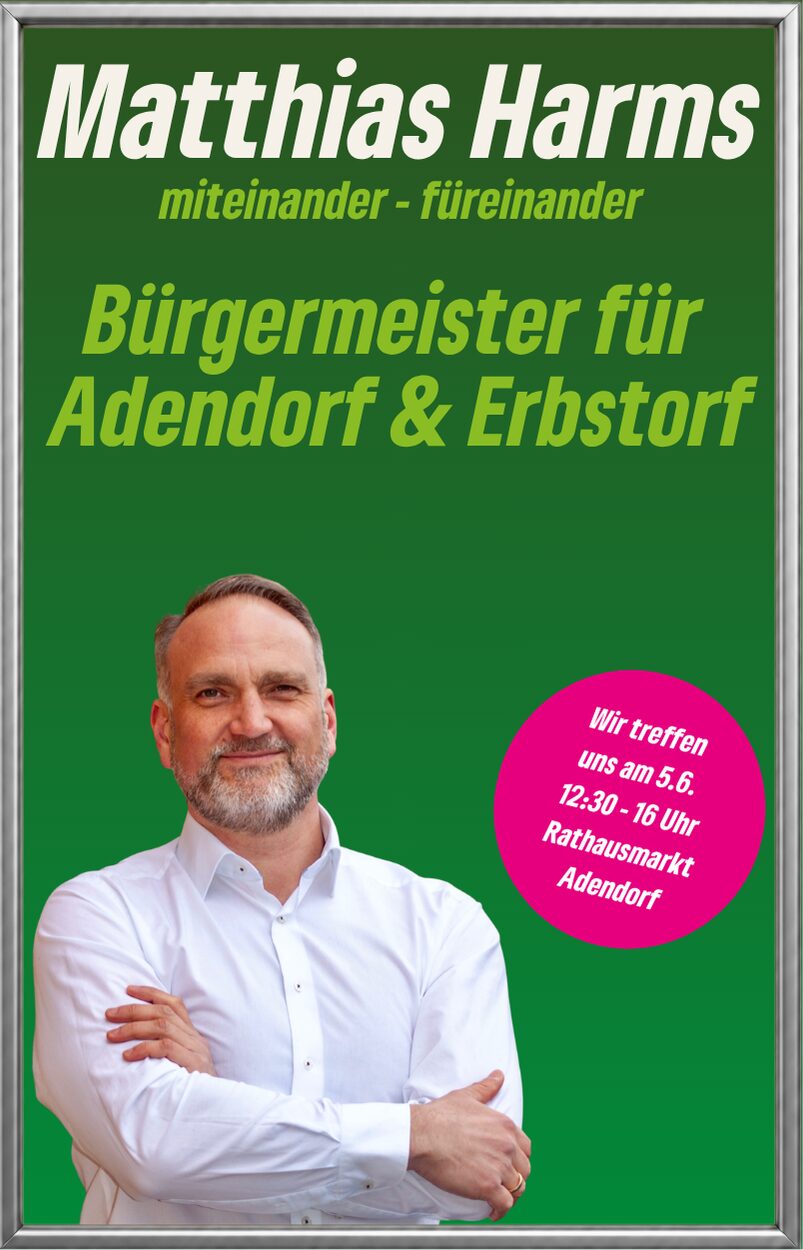Matthias Harms kandidiert als Bürgermeister für Adendorf. Hier finden Sie Informationen zu Zielen, Terminen und politischen Schwerpunkten für die Kommunalwahl 2026. Bürgermeister Kandidat Matthias Harms möchte 2026 als Bürgermeister ins Rathaus Adendorf einziehen. Matthias Harms ist Bürgermeisterkandidat für Adendorf bei der Kommunalwahl 2026. 49 Jahre, verheiratet, Vater und seit 15 Jahren in Adendorf. Jetzt informieren!