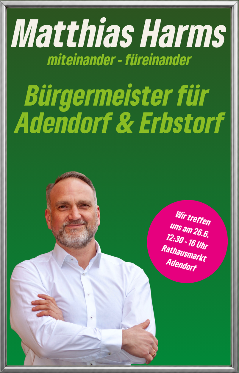 Matthias Harms kandidiert als Bürgermeister für Adendorf. Hier finden Sie Informationen zu Zielen, Terminen und politischen Schwerpunkten für die Kommunalwahl 2026. Bürgermeister Kandidat Matthias Harms möchte 2026 als Bürgermeister ins Rathaus Adendorf einziehen. Matthias Harms ist Bürgermeisterkandidat für Adendorf bei der Kommunalwahl 2026. 49 Jahre, verheiratet, Vater und seit 15 Jahren in Adendorf. Jetzt informieren!