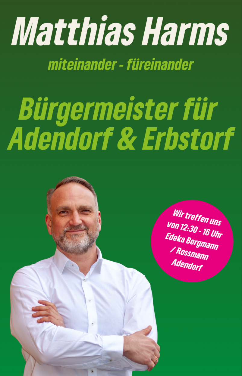 Matthias Harms kandidiert als Bürgermeister für Adendorf. Hier finden Sie Informationen zu Zielen, Terminen und politischen Schwerpunkten für die Kommunalwahl 2026. Bürgermeister Kandidat Matthias Harms möchte 2026 als Bürgermeister ins Rathaus Adendorf einziehen. Matthias Harms ist Bürgermeisterkandidat für Adendorf bei der Kommunalwahl 2026. 49 Jahre, verheiratet, Vater und seit 15 Jahren in Adendorf. Jetzt informieren!
